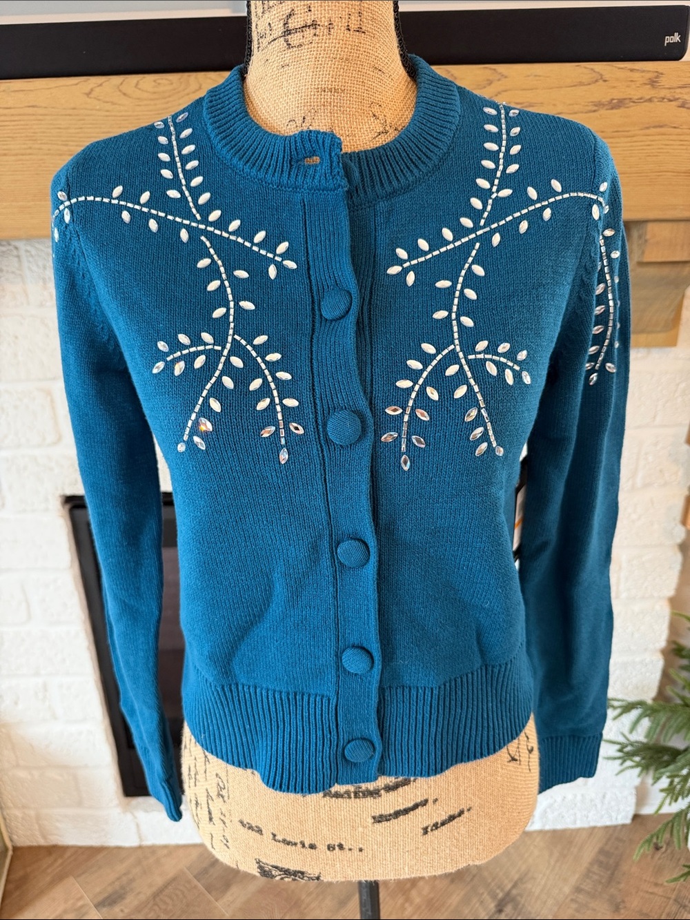 BCBG Teal Embellished Button-Up Cardigan